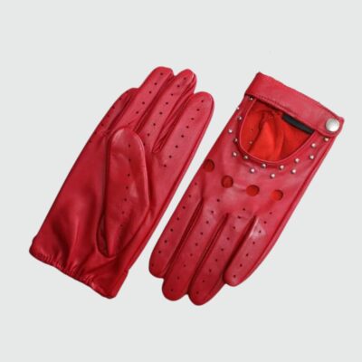 Gants de conduite femme en cuir à rivets rouges