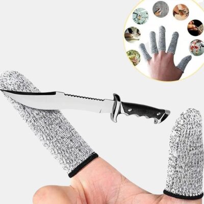 2 doigts de gant gris avec un couteau et un rond dans le lequel on retrouve 7 ronds colorés et une main avec les 5 doigts avec ldes doigts de gant