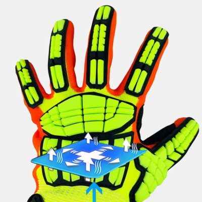 Gant jaune, noir et orange avec des bourseflures ressemblantes à une toile d'araignée. Un losange bleu représentant un éclat et des fleèches blanches