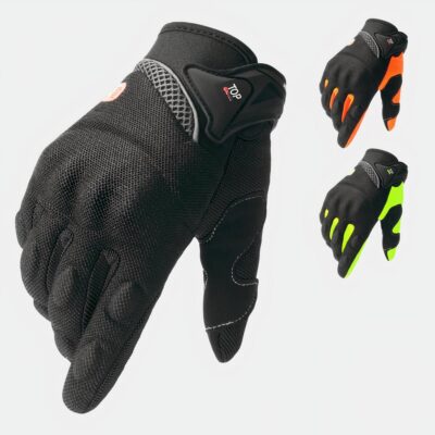 Un grand gant noir rt 3 petits gants ( orange et noir, vert et noir et gris et noir).