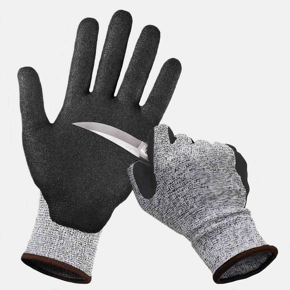 Gant d'huitre noir et gris 2 mains portant des gants gris et noir, une main tient un couteau dont la lame touche la paume de l'autre main