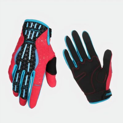 2 gants de moto rouge, bleu, noir et gris