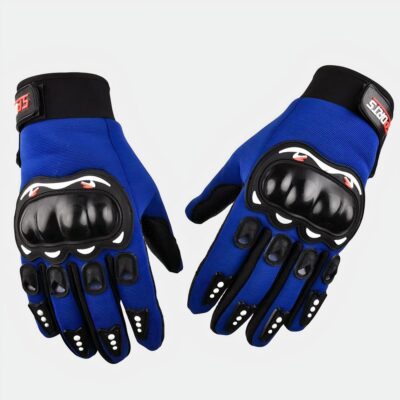 2 gants de moto noirs et bleus avec une coque noir sur la la main