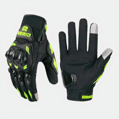 2 gants noirs et verts avec une coque noire sur le dessus de la main. 2 doigts gris à l'intèrieur