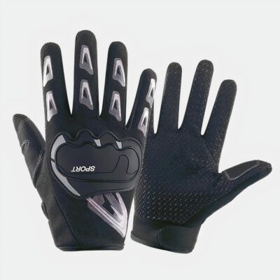2 gants de moto noir et blanc avec une coque noire sur la main