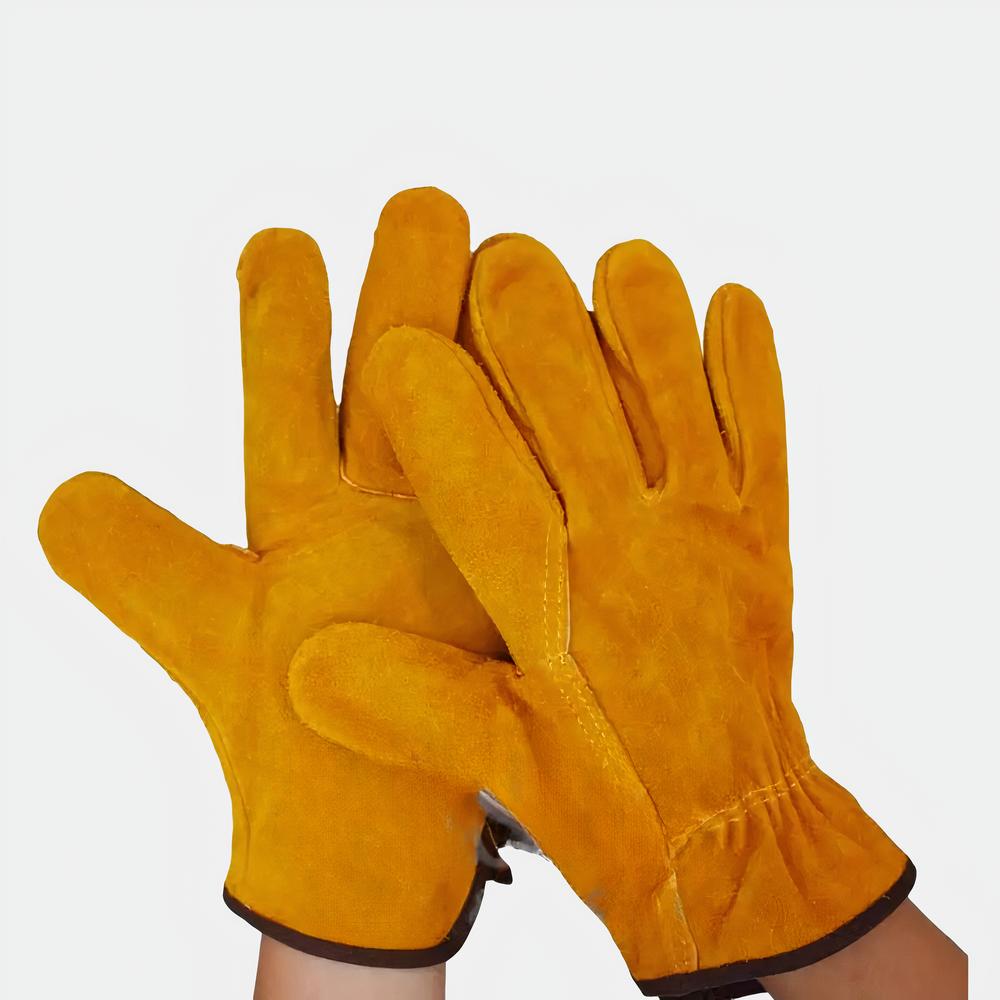 Gant de soudure ignifugé en cuir court 2 gants ocre tournés l'un vers l'autre