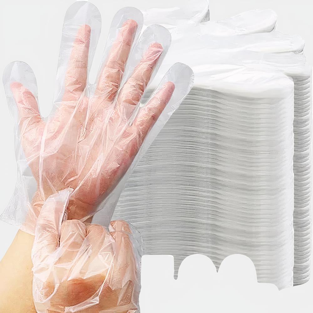 Gant jetable par 500 unités 2 mains avec un gant transparent. 500 Pcs écrit en rouge et une pile de gants