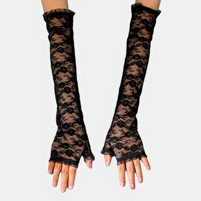 Gants mitaine long en dentelle noir portés