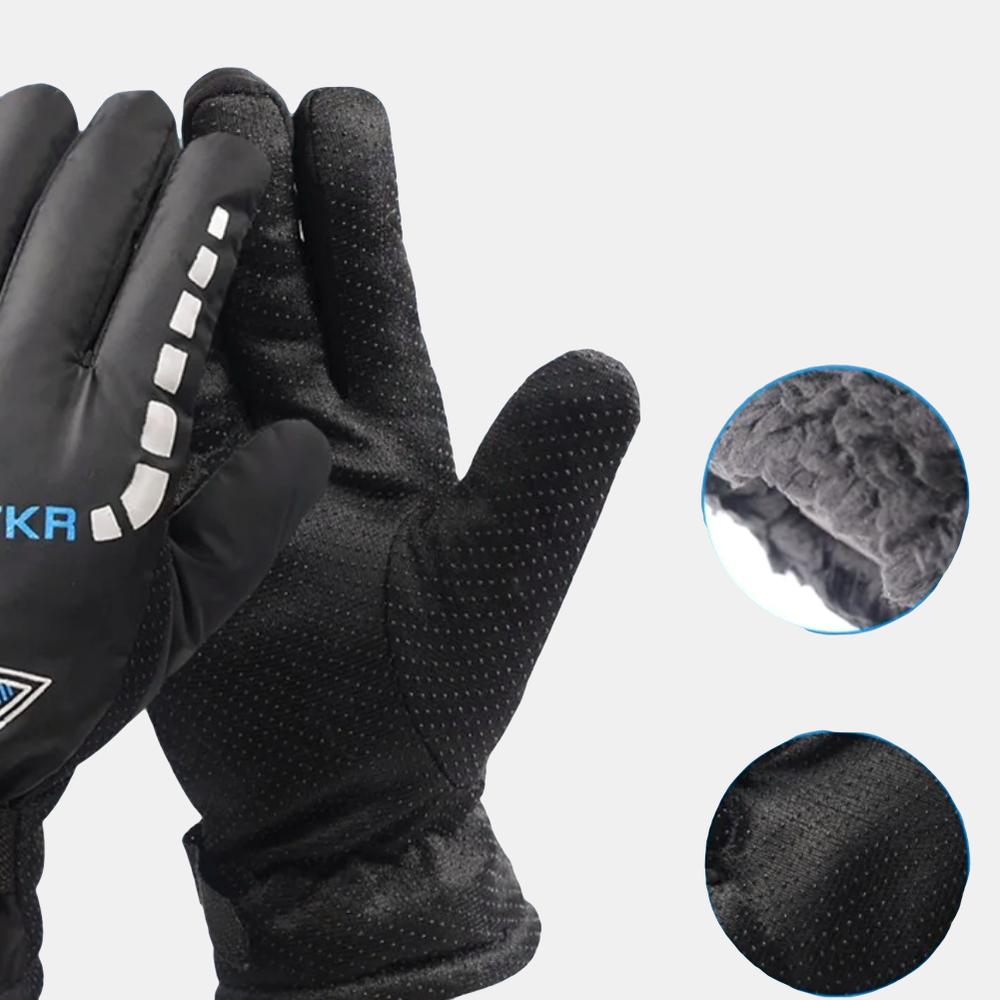 Gants de ski fourrés pour homme Gants de ski noirs sur fond bleu et gris avec des vignettes.
