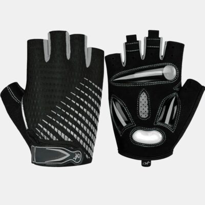 Photo d'une paire de gants de vélo demi-doigts gris foncé et noirs unisexe avec coussinets de gel et bande réfléchissante, le tout sur fond blanc