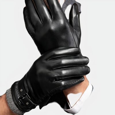 Homme portant des gants noirs en cuir.