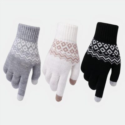 Gants en laine pour homme tricotés à motif en gris blanc et noir