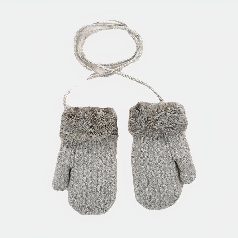 Gants ficelle en tricot pour enfants de 1 à 4 ans On voit des gants ficelle gris avec un petit ourson et un avion en motif en arrière plan