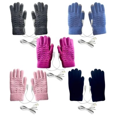 Jolis gants chauffants colorés pour femme. 4 paires sur fond blanc : noir, bleu, fuchsia, rose et gris.