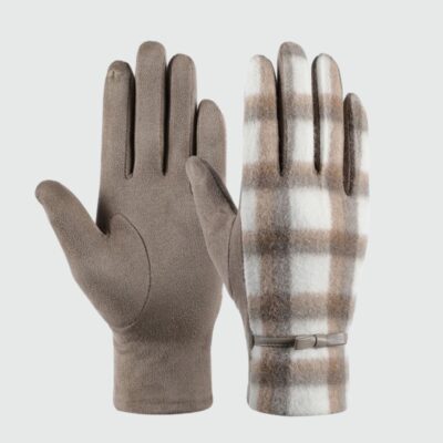 Gants hiver femme à carreaux façon daim en nuances de beige.