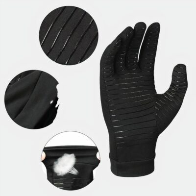 Gant noir et 3 rond noirs montrant des agrandissements de parties de ce gant