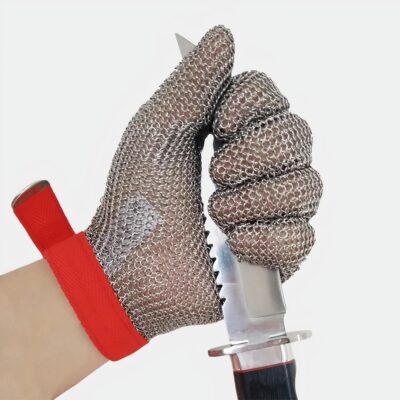 Gant en cotte de maille avec poignet rouge qui tient une lame.
