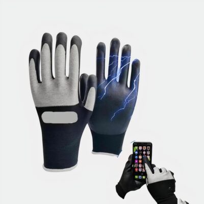 2 gants gris et noirs, un tourné vers l'intérieur l'autre de l'extérieur. Photo d'un gant où l'indexe touche un écran de téléphone. 2 rectangles bleus, un en haut et une en bas