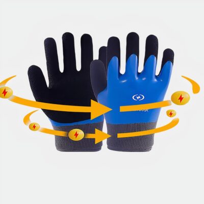 2 gants noirs et bleus avec deux flèches jaunes qui tournent autour. Un blason dans lequel il est écrit 360°