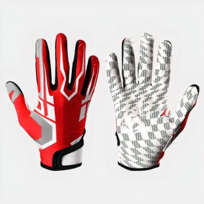 Photo d'une paire de gants de baseball pour batteur rouge, blanc et noir avec paume de silicone et fermeture par velcro