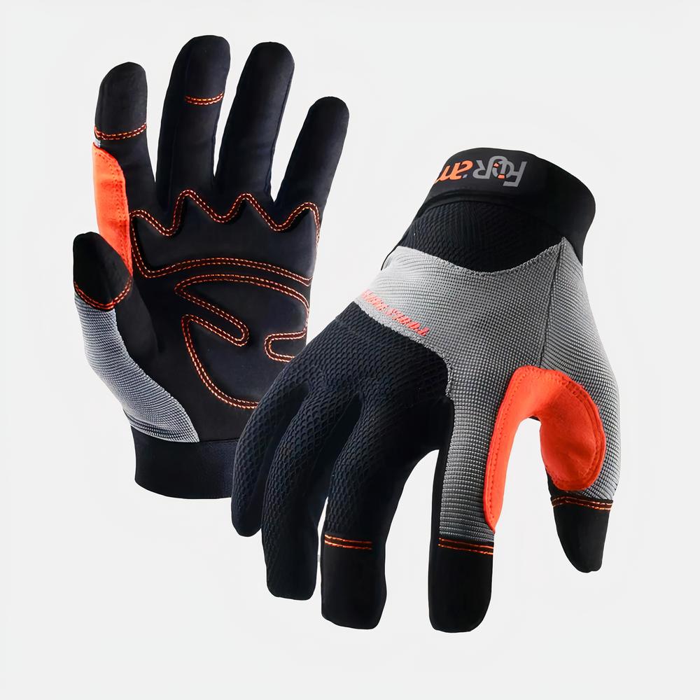 Gants de travail à haute dextérité Gants de travail noirs, gris et oranges sur fond blanc.