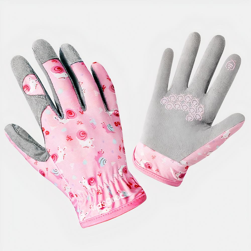 Gants de vélo enfants résistants à l'usure Photo d'une paire de gants pour enfants roses et gris à fleurs l'in montrant la paume et l'autre le dos , le tout sur un fond blanc