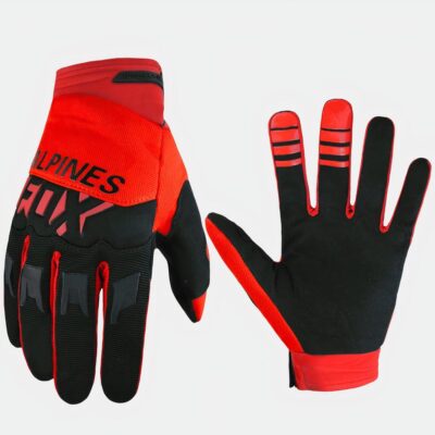 Photo d'une paire de gants de moto pour enfant rouge et noirs à deux doigts tactiles et bande poignet réglable