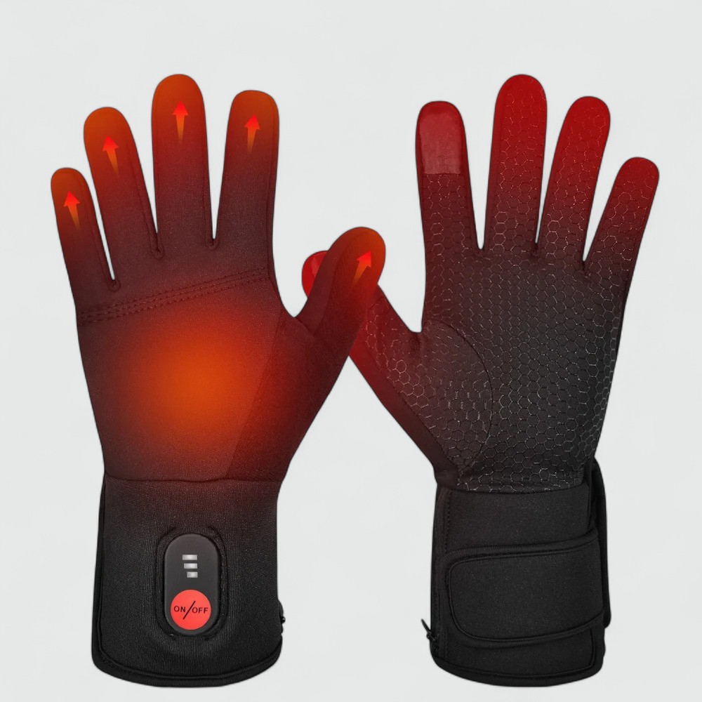 Gants chauffants noirs sur batterie pour running et sport outdoor, sur fond uni gris.