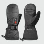 Gants chauffants électriques en cuir disposant d'un bouton permettant de régler la température rouge, sur fond gris.
